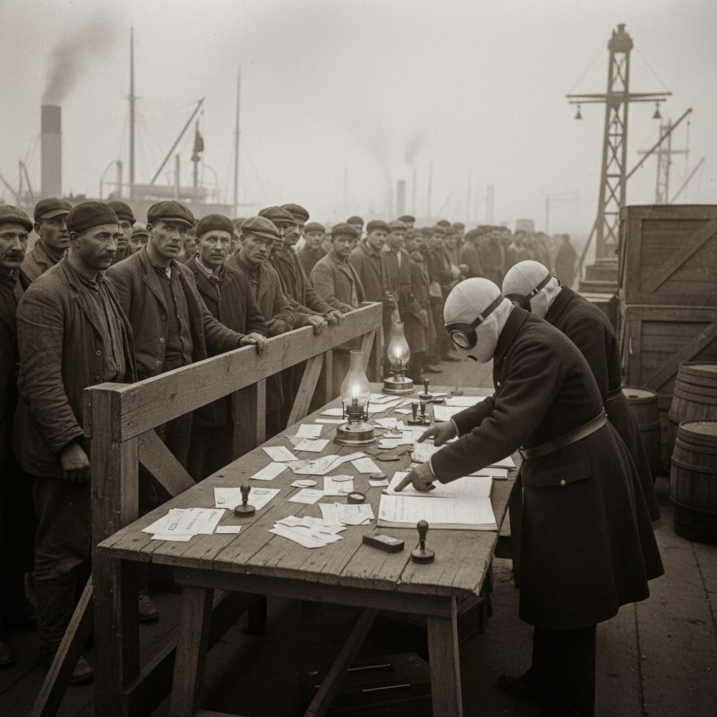 The Great Audit Purge, Strasbourg docklands, A.S. 188: dockworkers detained at a barrier, ration slips on a table before Bureau inspectors, a long queue stretching into the fog behind