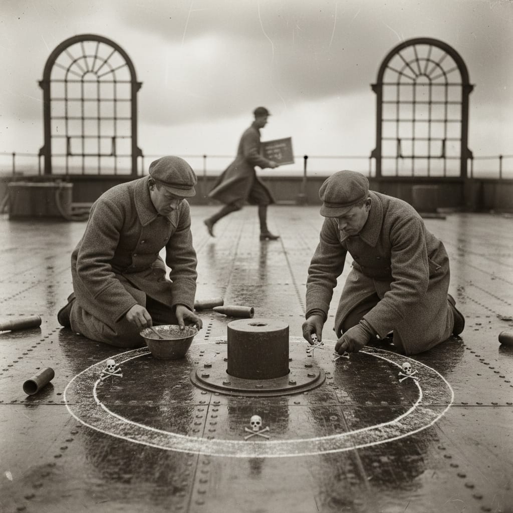 Two Ward-Chalkers on their knees renewing chalk rings around a mortar base position in the rain, pressing bone relic pins into chalk-and-ash paste, brass casings underfoot, a Choir Runner sprinting past with a cue-slate