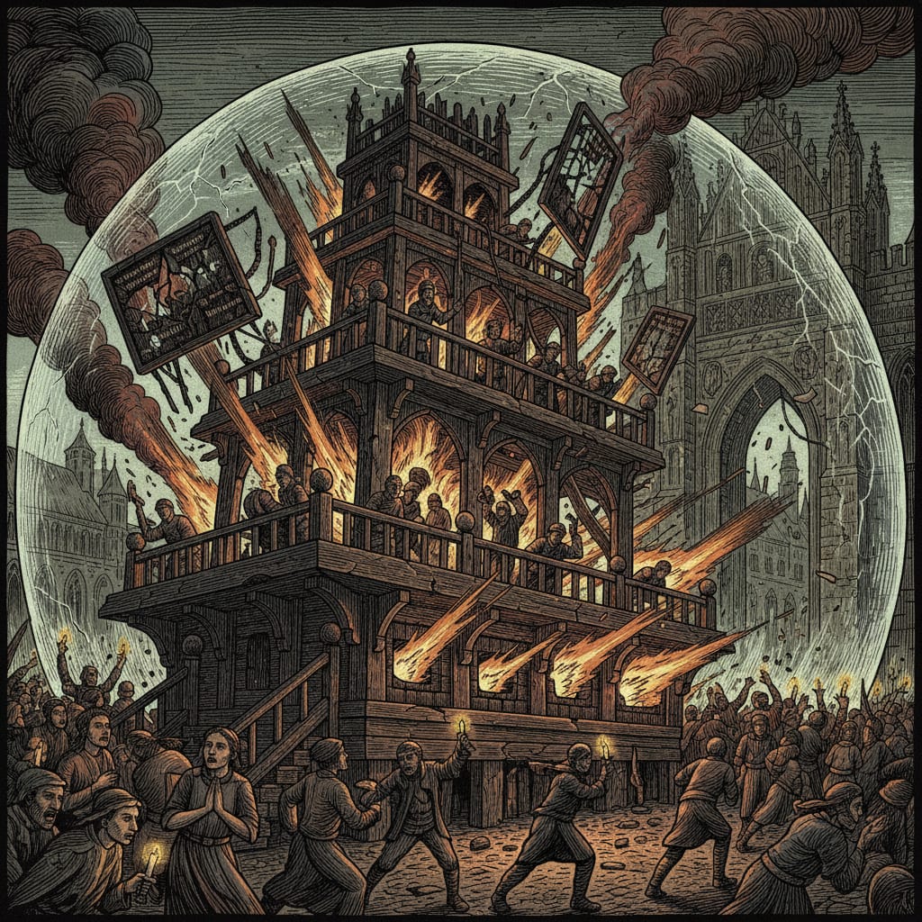 A shrine-platform engulfed in disaster at Prague Gate — mortars detonating in its lower holds, crew silhouettes at burning stations, pilgrims clutching relic-candles in the foreground chaos, hymn-screens cracked and hanging