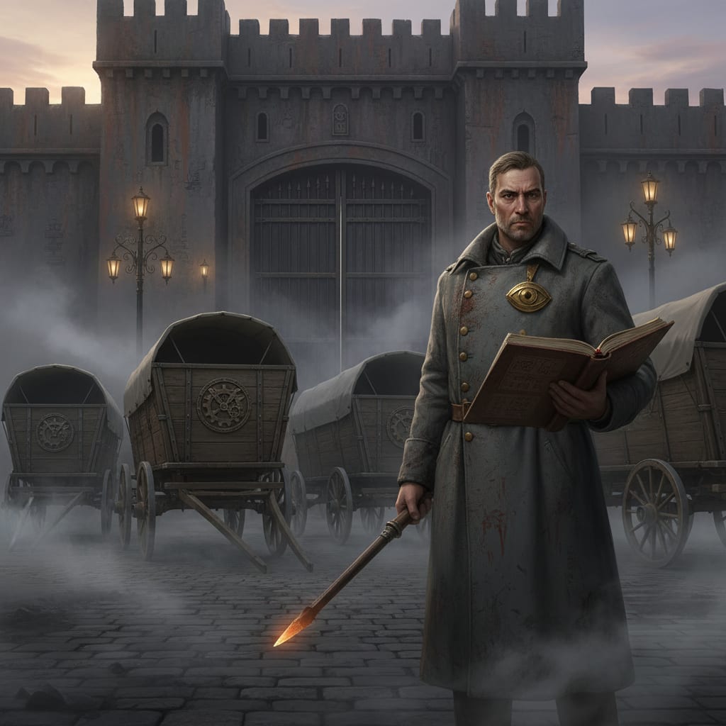 A Sigil Inspector at a bastion gatehouse at dawn, grey coat streaked with solvents, brass eye-badge gleaming, leather-bound codex open in one hand and heated scraper blade in the other, supply wagons queued at the iron gate rail behind him