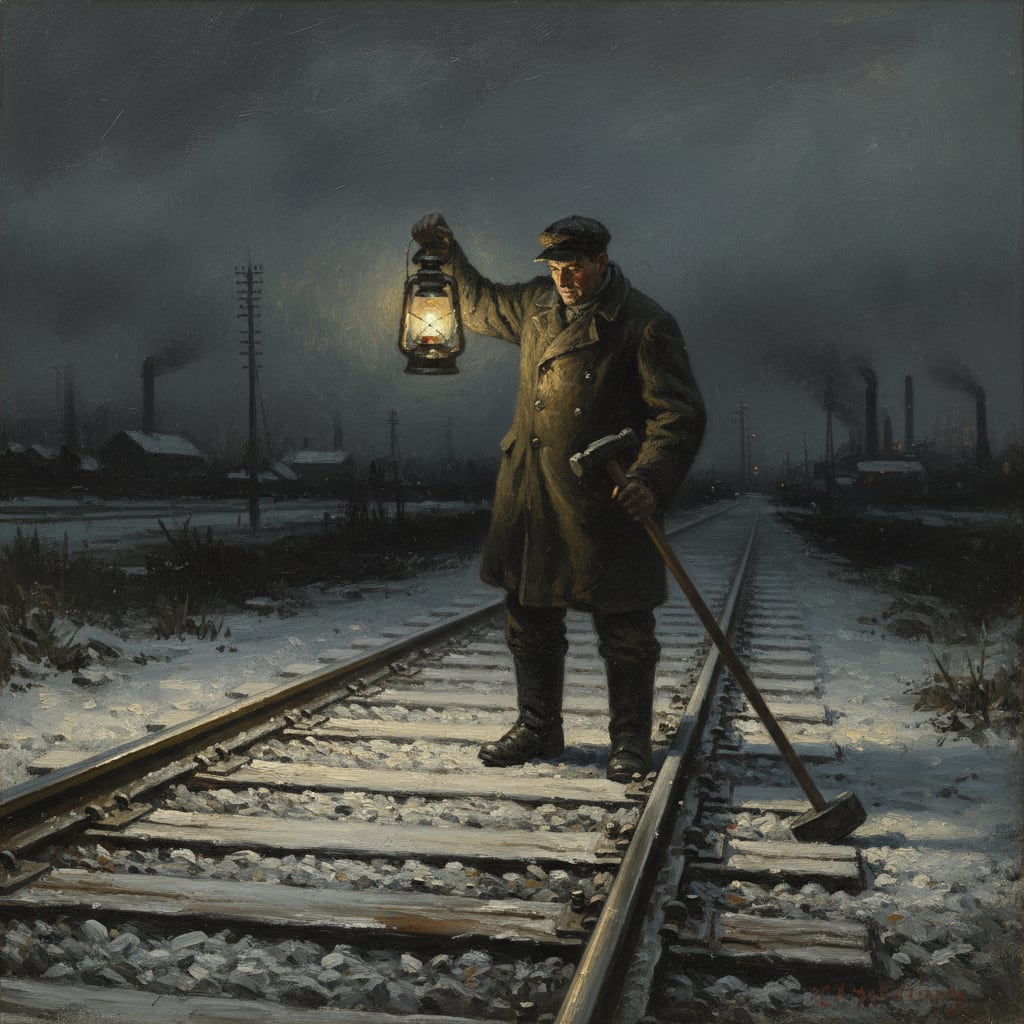 Track Walker at night on the Strasbourg line, lantern raised mid-tap on the rail-head, gauge rod against the ballast, frost on the sleepers, darkness ahead