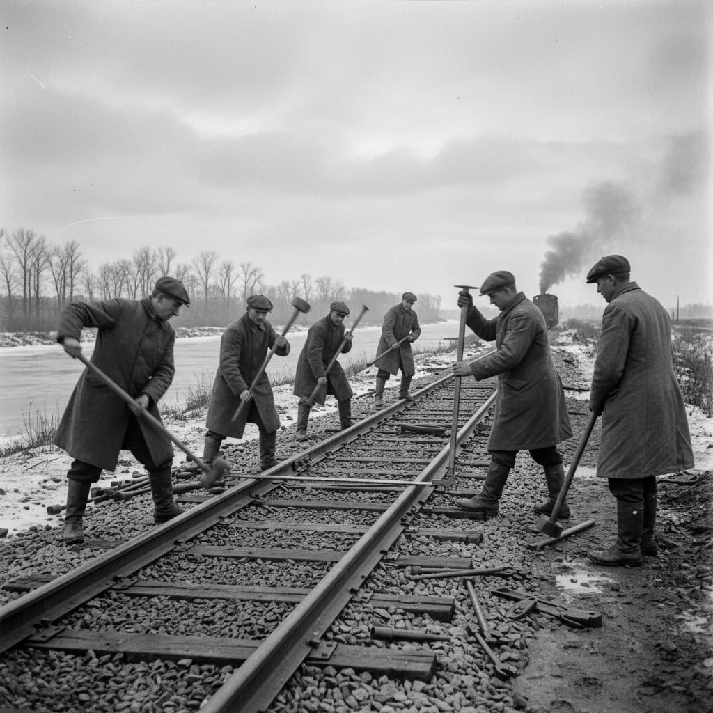 Guild of Rails crews relaying track during Gauge War standardization, six men spiking new rail into ballast, measuring rods in hand, bleak midwinter, wartime urgency