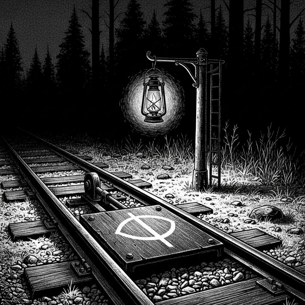 Demon-sign chalk mark on a junction rail-head at night, circle with vertical line chalked in white on cold steel, Night Walker's lantern on the post, no human figure