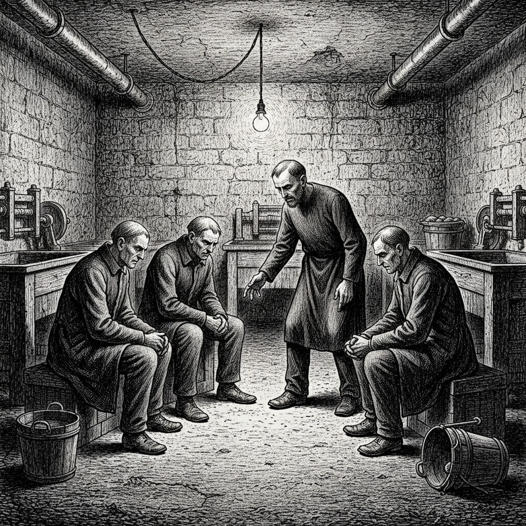 Woodcut of Null Catechist session in laundry basement, five figures in plain coats in dim circle, one standing speaking, bare stone walls, single hanging lamp, no religious iconography