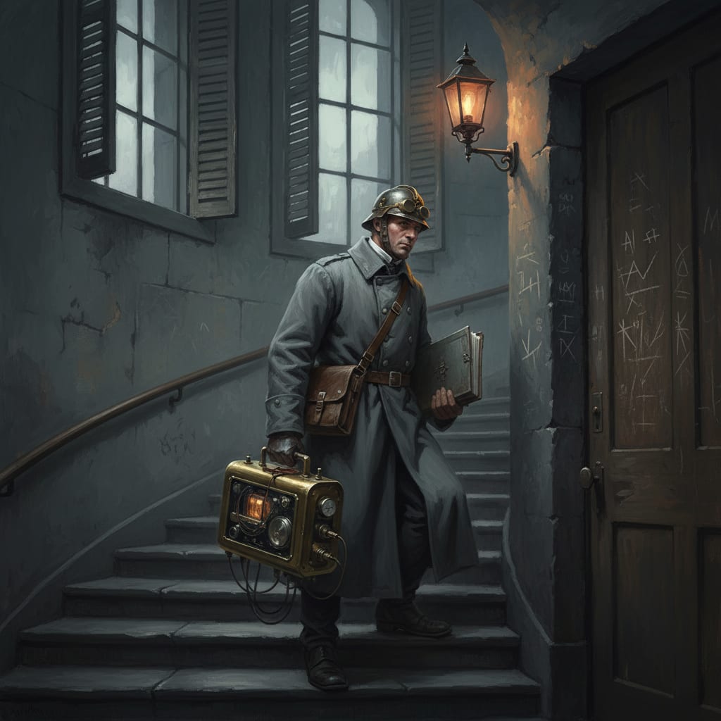 A Sky-Sermon Attendance Auditor in a grey coat climbs tenement stairs at dawn, portable receiver tester in hand, attendance ledger under his arm, chalk marks on the doorframe beside him