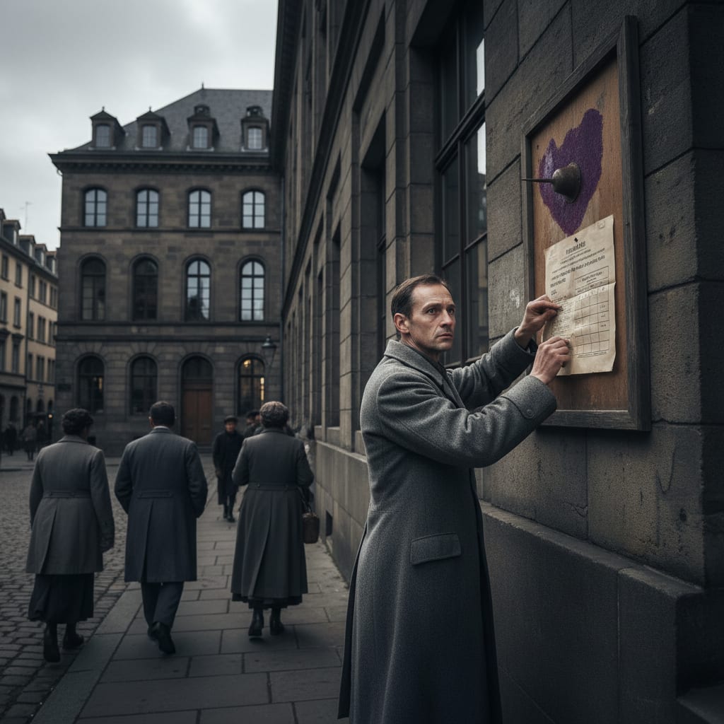 A district compliance board on a Strasbourg street bears a bruised purple brand mark, a sector clerk pins a ration-tier notice below while civilians pass with averted eyes