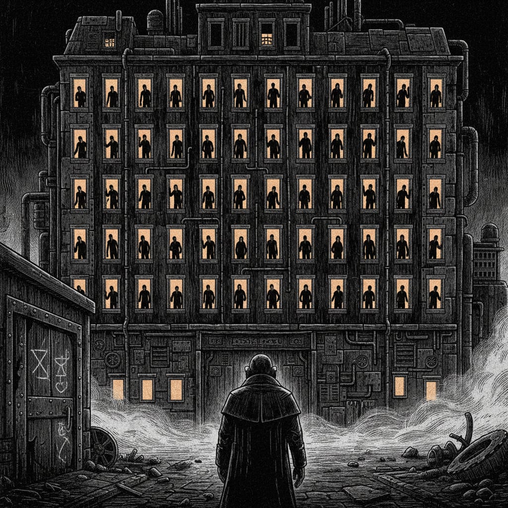 A deadzone tenement block at midnight, every window open and glowing with sourceless amber light, silhouetted figures at each window with mouths moving, an Auditor retreating at the bottom of the frame