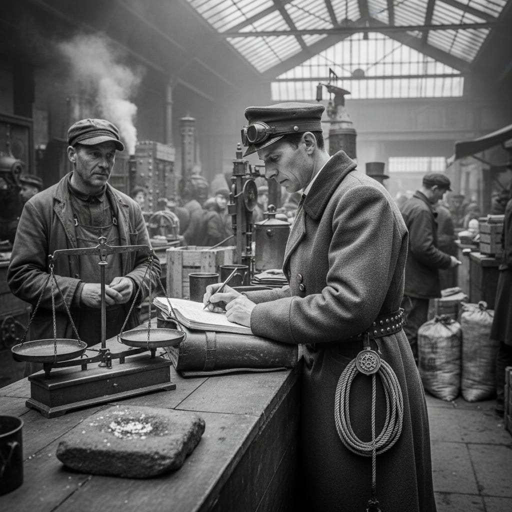 A Tithe Assessor at a market stall on collection day, battered brass folding scale and brine-testing stone on the counter, the merchant watching with careful neutrality.