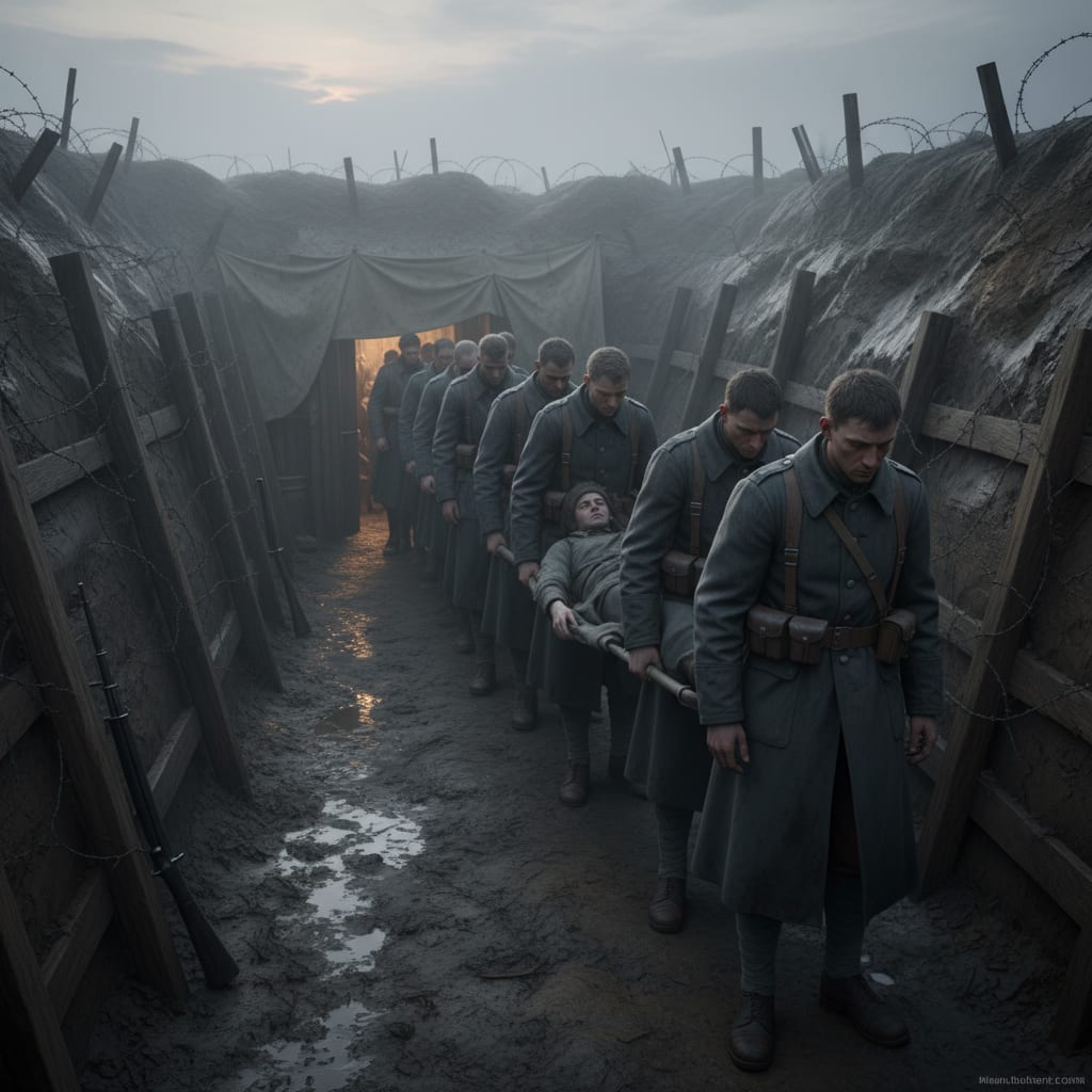 The queue of the dying outside a trench-court dugout flap at dawn, grey-coated soldiers in a ragged line, some on stretchers held by medics, mud trench walls, morning mist, lantern glow through the canvas flap