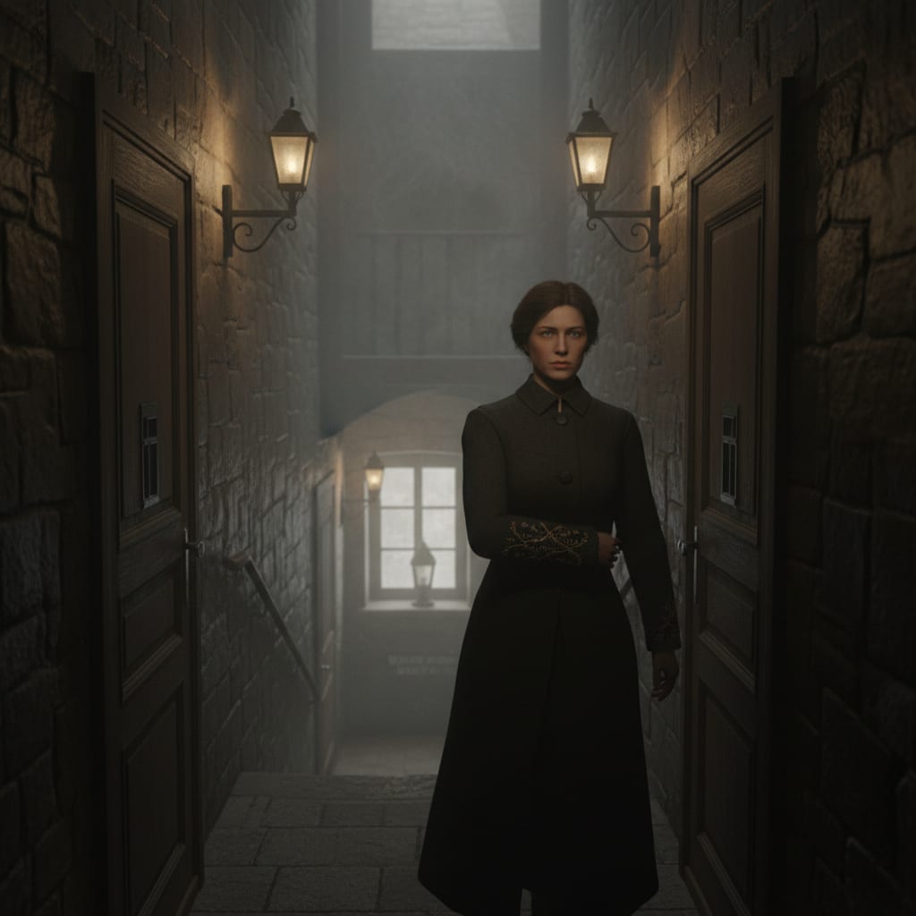 A Lull-runner in a gaslit Strasbourg tenement corridor at curfew, embroidered cuff held close, Bureau of Purity lantern-light visible at the stairwell below her