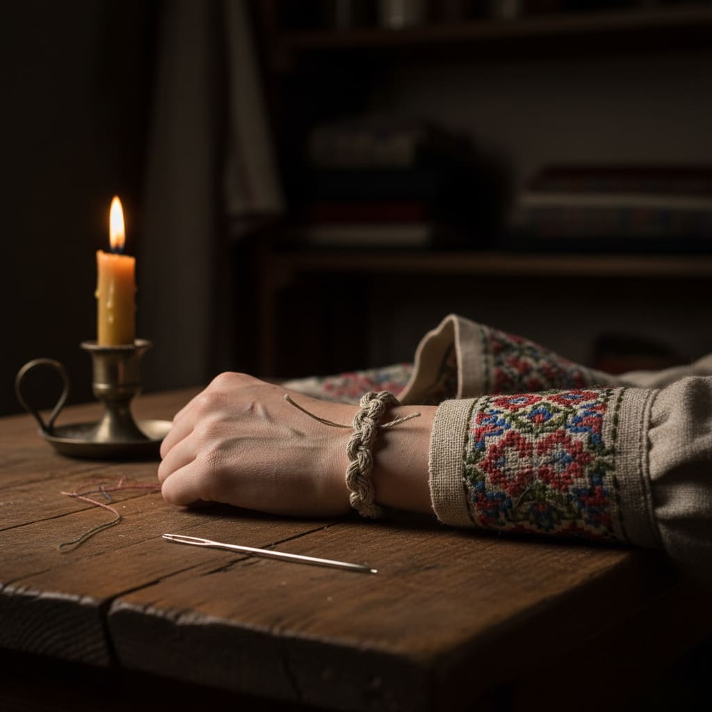 Saint-knot cord bracelet of Saint Hessa of the Closed Mouth on a thread-stained wrist, embroidery needle beside it on a worn table, single candle casting warm light
