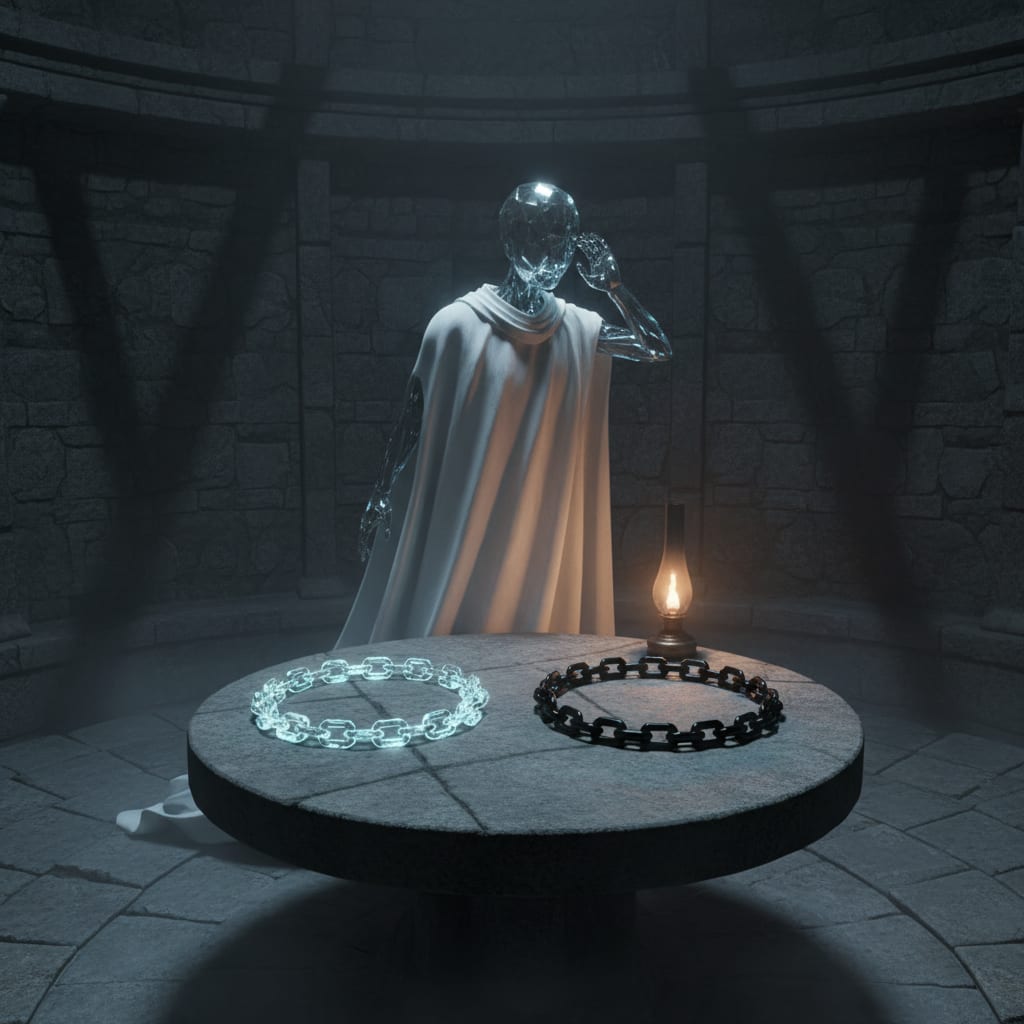 A Glass-Canon alone in a sealed stone room at night, two chains laid in circles on the table — one clear glass faintly luminous, one black — the Canon standing with head inclined as though listening to a sound the viewer cannot hear