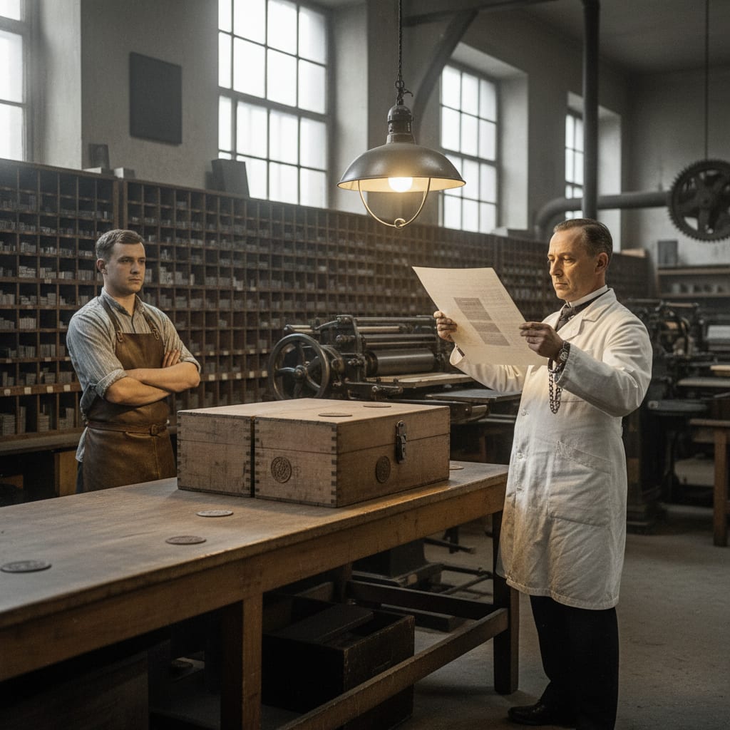 A Mantle Examiner in white coat with glass chain at his wrist holding a confiscated broadsheet to an inspection lamp in a Strasbourg print-shop, the printer watching with careful neutrality, seizure boxes on the counter