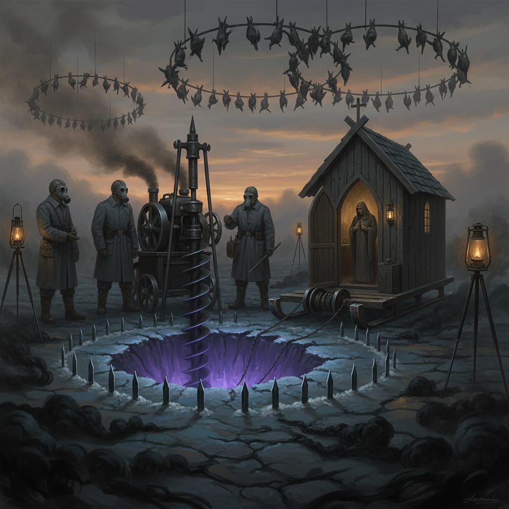 Wound-Site Prospector crew at a demon-seep extraction site at dusk — respirator-masked workers in grey around an iron auger in blue-frosted earth, ward spikes at the perimeter, chapel sled behind them, oily vapors pooling at ground level
