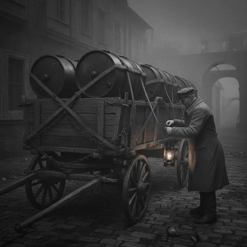 Sealed wound-site fuel drums strapped to a convoy wagon at night, a grey-coated captain checking leather and chain lashings by lantern light, one drum surface catching the lamp in a faint convex bulge