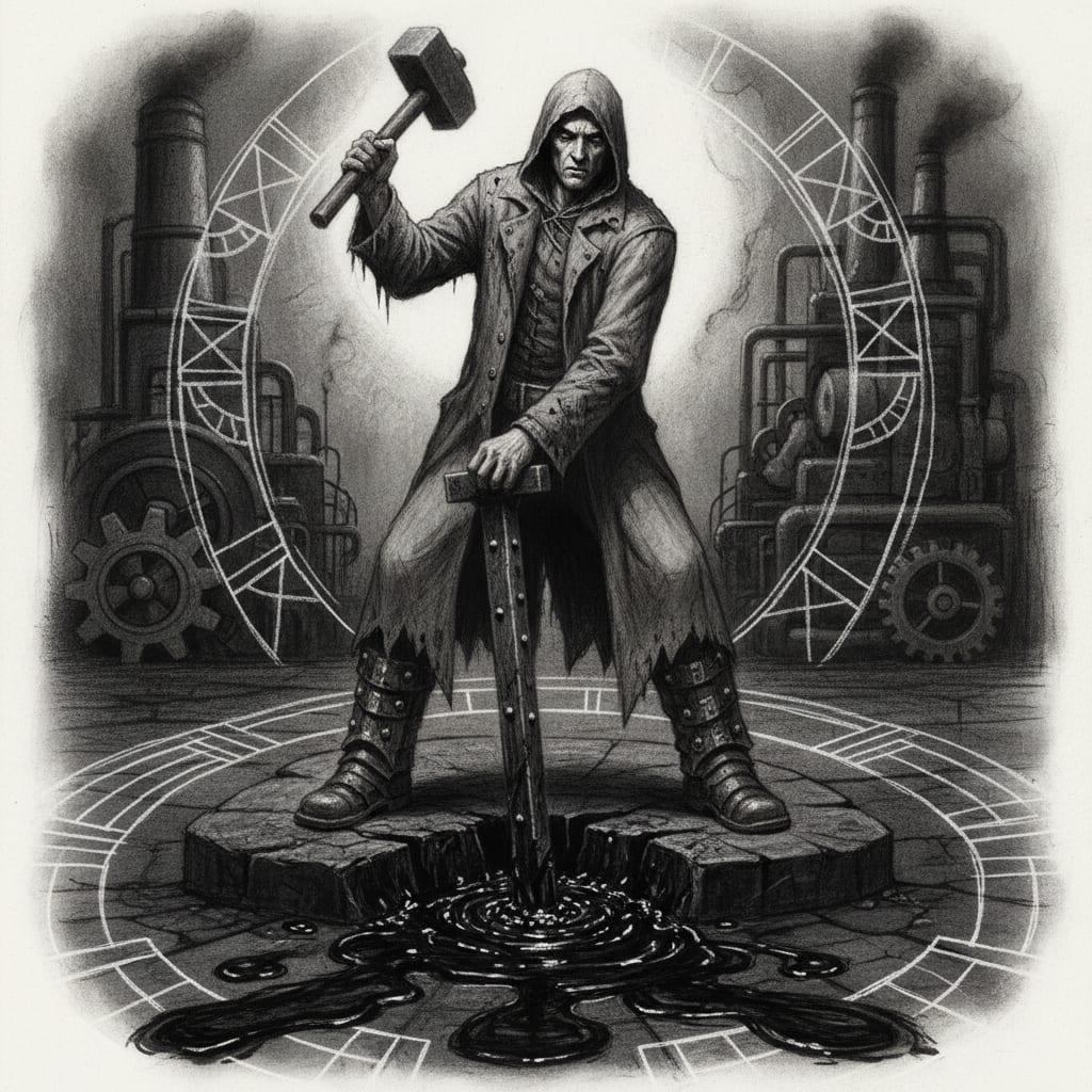 Saint Orren of the Iron Plug driving an iron spike into a bleeding stone fissure, hammer raised, black seepage darkening the stone around his feet, face resolved and focused