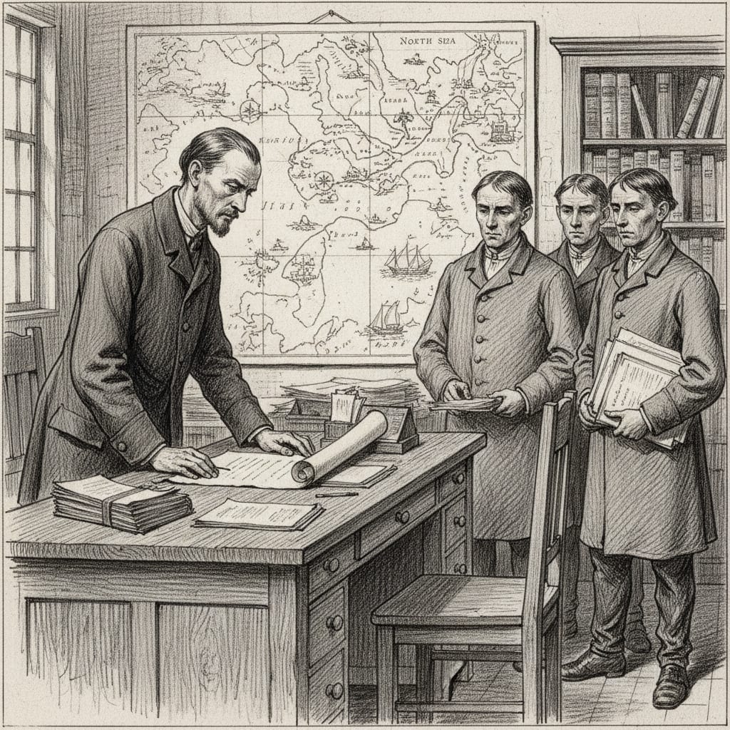 A Dutch factor's office in Hamburg's Merchant Quarter, a lean man in plain coat examining a contract across a heavy desk, Bureau of Tithes clerks waiting with papers, North Sea trade route maps on the wall behind