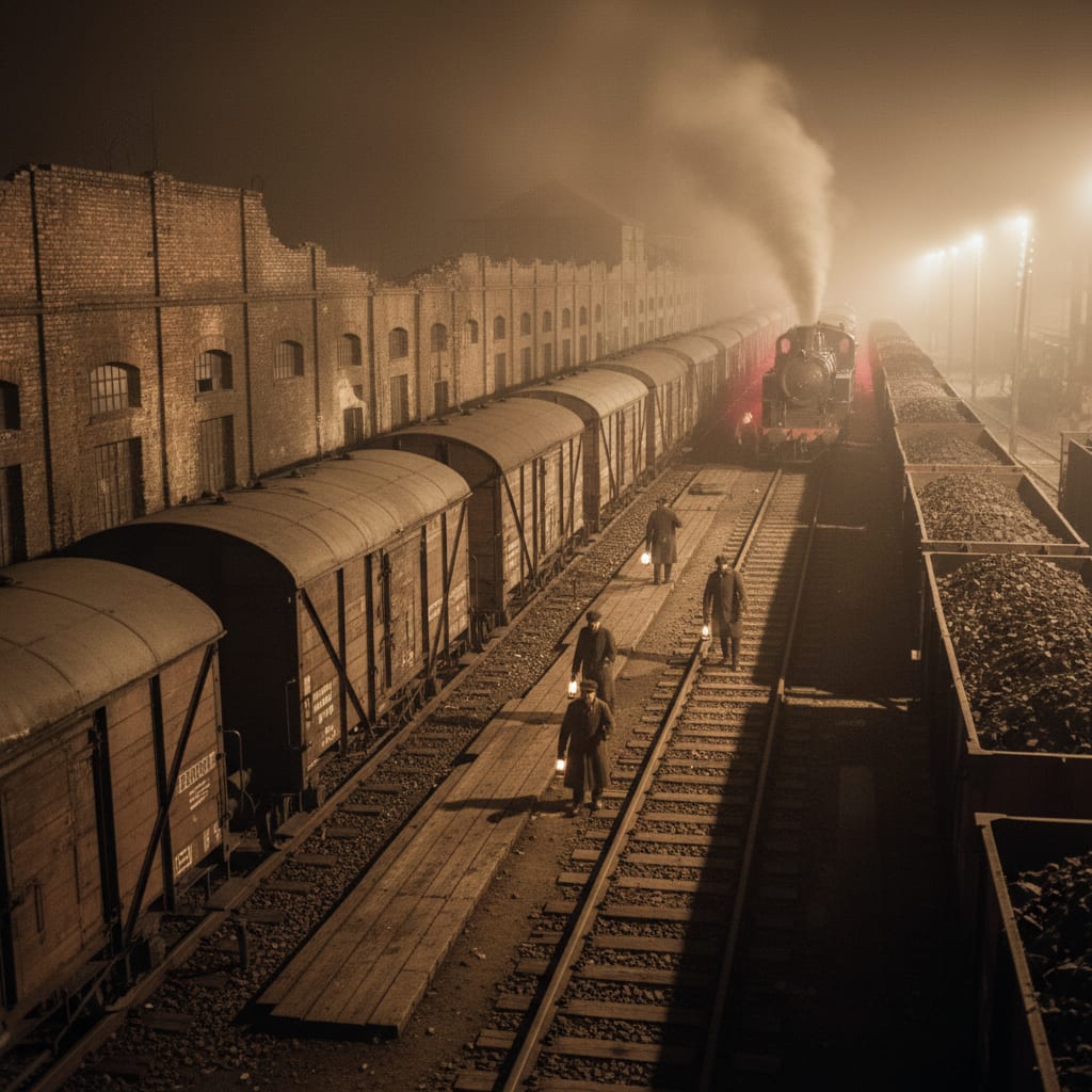 Hamburg-Kanzleiburg rail yards at night, rows of grain and coal wagons stretching back into fog, lantern-men walking the couplings, engine glow illuminating a warehouse wall