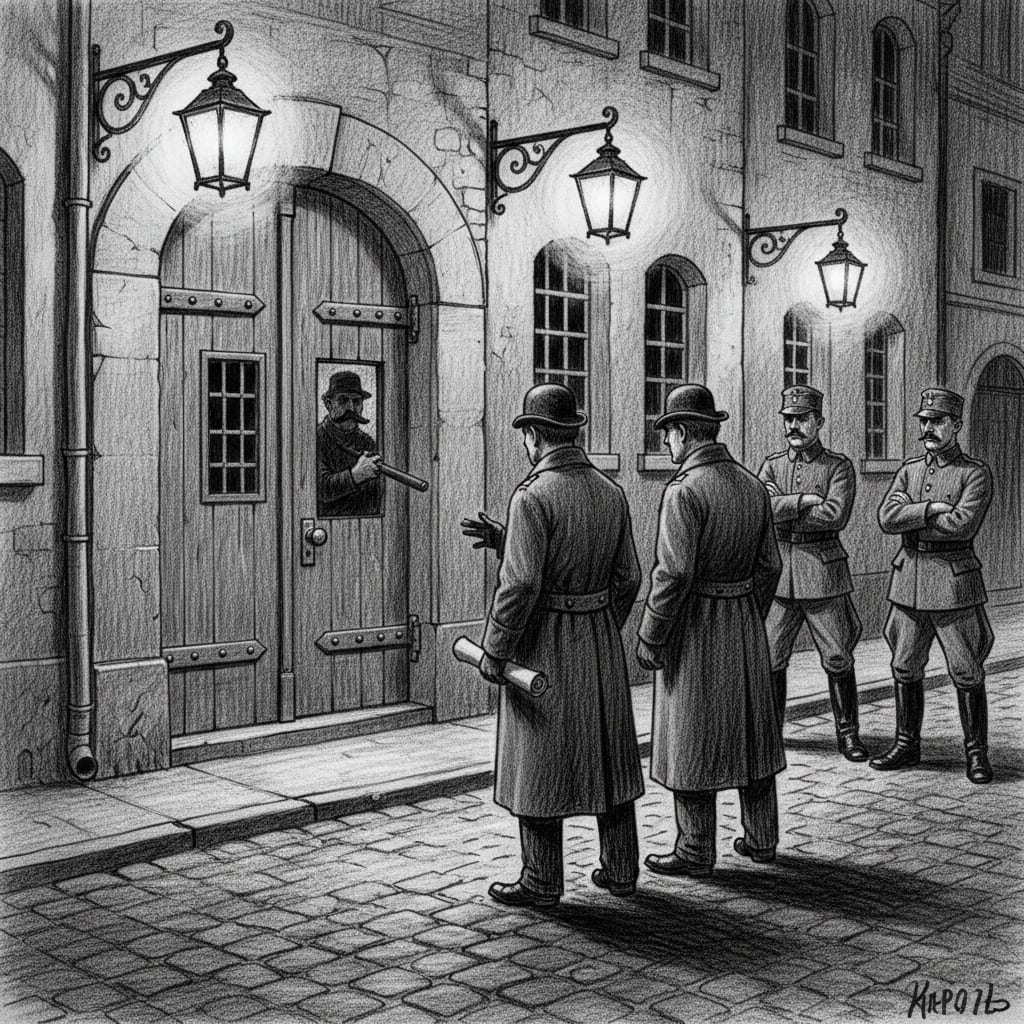 Bureau of Purity agents at a shuttered beer-hall door in the Old City, garrison officers watching with crossed arms as the patrol retreats, gas lanterns, A.S. 140.