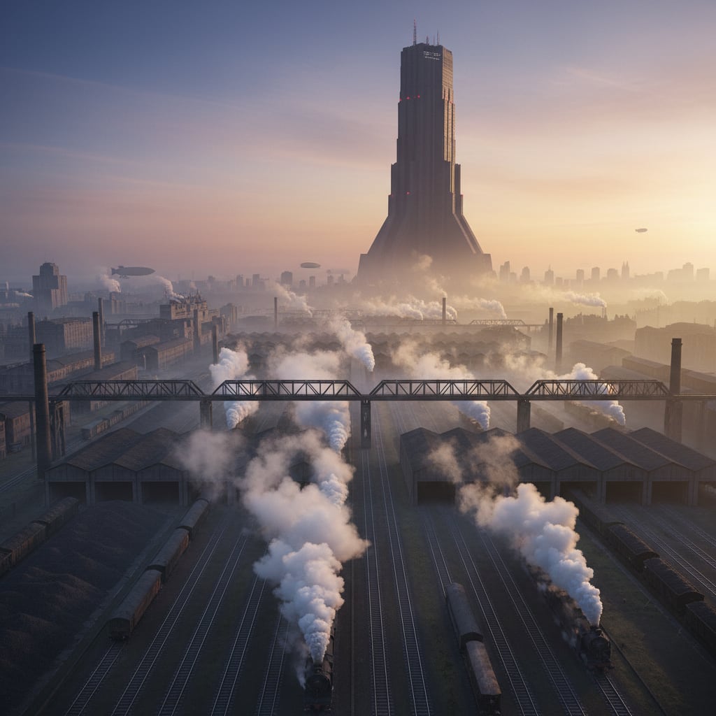 Kanzleiburg Rail Quarter at dawn, twelve square kilometres of marshalling yards and engine sheds, steam rising from sixty sidings, the Hamburg line cutting west into fog.