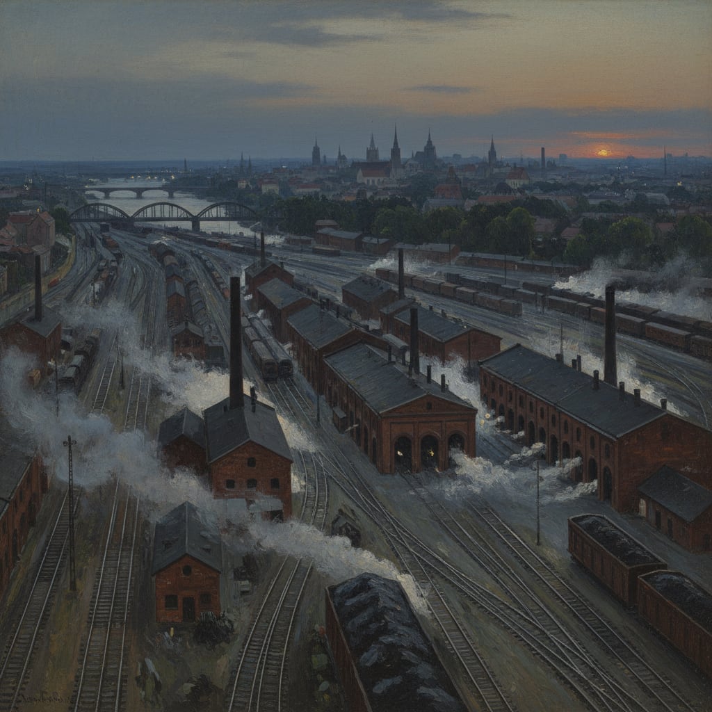 Warsaw's eastern rail yards at dusk — marshalling tracks and engine sheds stretching to the horizon, steam rising from dozens of sidings, the Vistula bridge in the distance with church spires beyond, a faint orange glow on the flat eastern horizon.