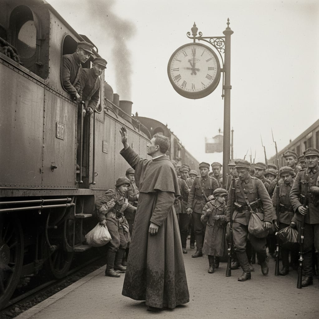 A Rail-Confessor Corps chaplain in a grey cassock at a Warsaw departure platform, one hand raised in a rapid blessing toward a locomotive crew leaning from the cab window, departure clock on the iron post behind him.