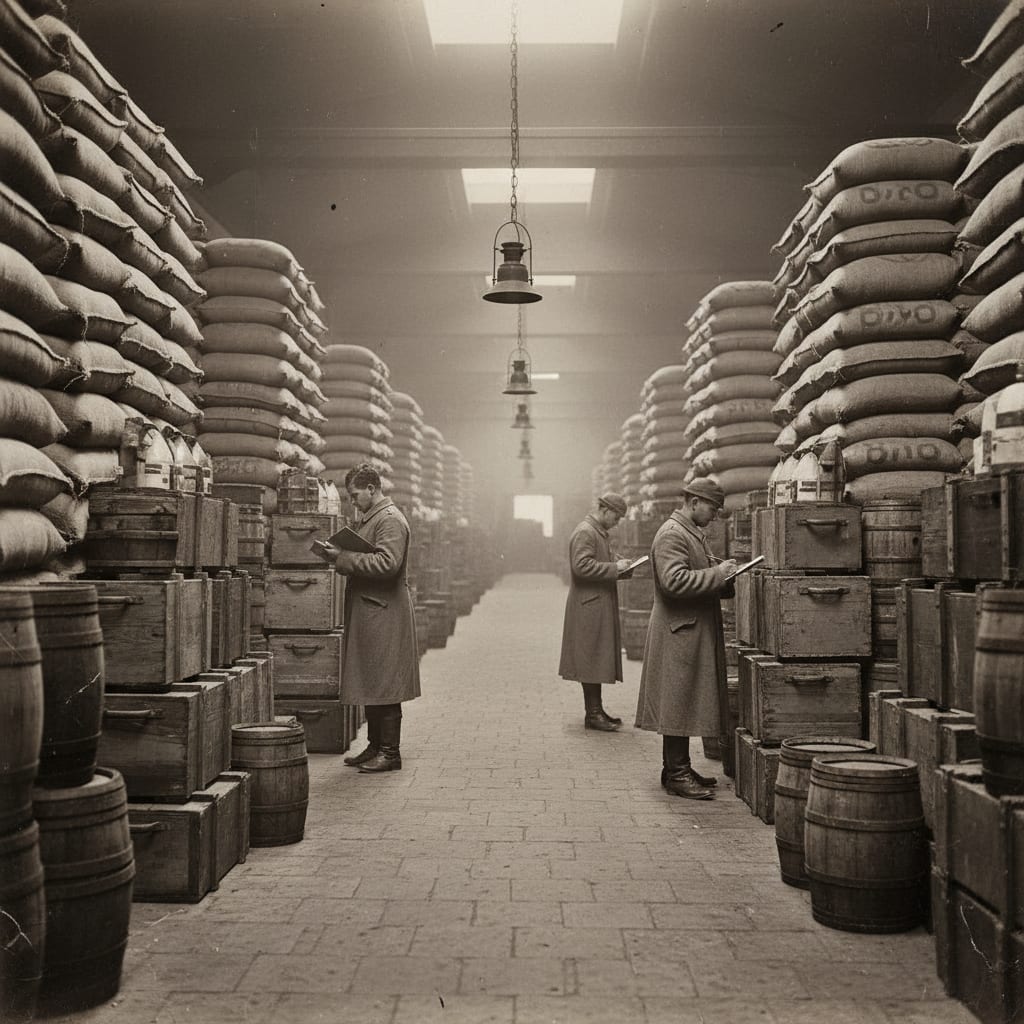 Munich Provisorium warehouse interior — stone-floored hall, pallets of grain sacks, ammunition crates and barrels stacked nine deep, Bureau of War workers in grey coats with clipboards, dust hazing the lamplight