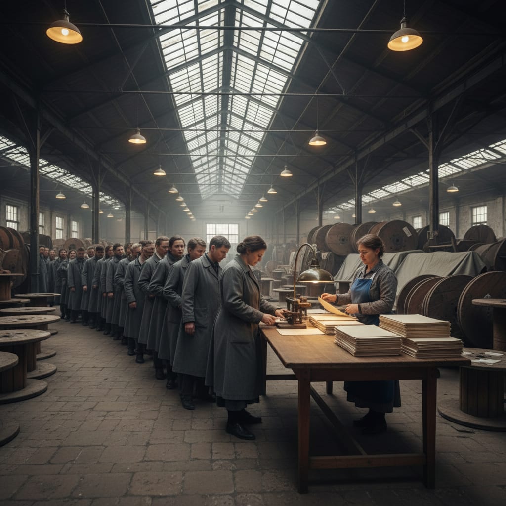 Mothers of Plenty registration queue in Budapest Seventh District textile warehouse — refugees in plain coats in a long line, registrar at lamp-lit table with stamp-press and provisional-document blanks, grey dawn light
