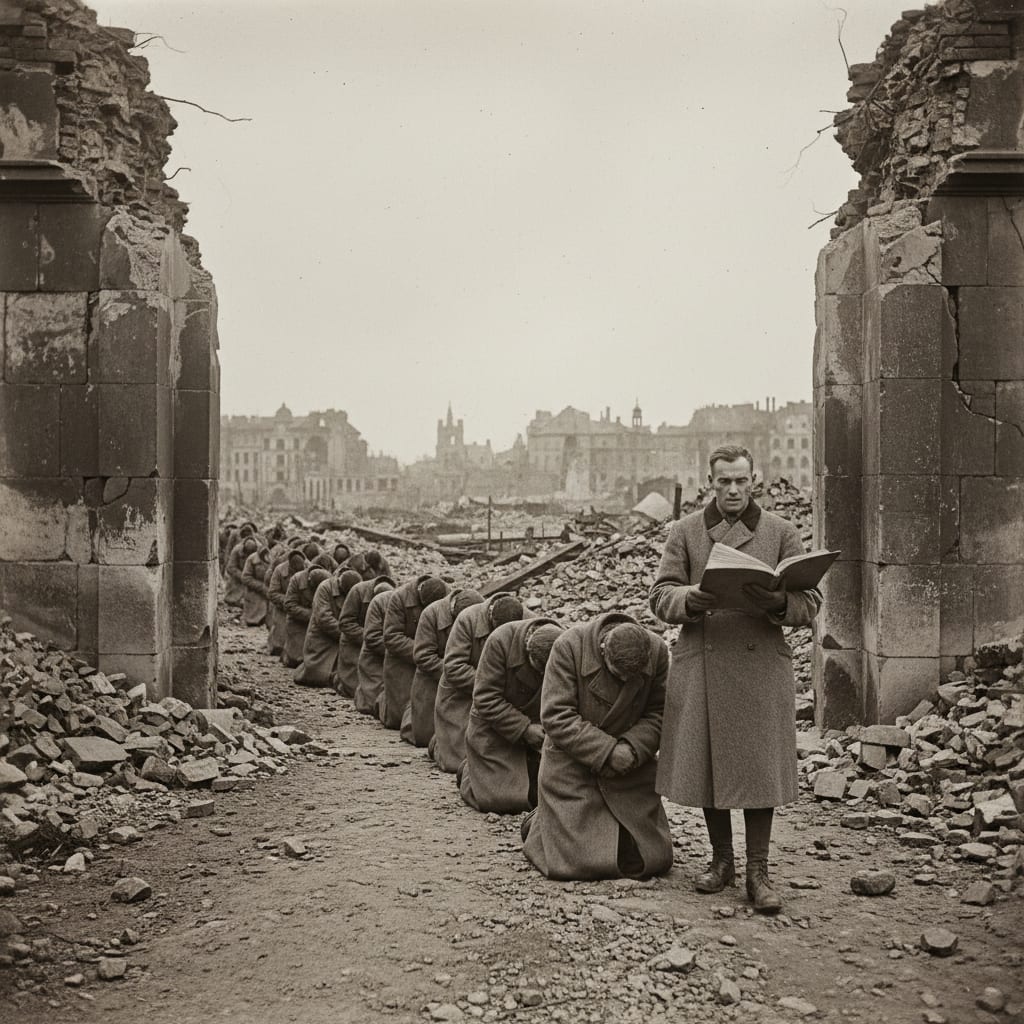 Pilgrims on their knees moving through the rubble-lined Via Stahlhand processional path in the Kärntner Gate breach, a Bureau guide walking upright ahead