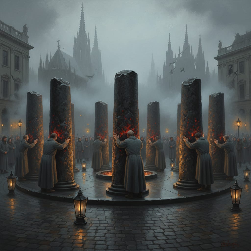 Seven basalt columns in the Heldenplatz at dusk, pilgrims in plain grey coats pressing their palms against the warm stone, ruined cathedral spires rising through fog behind