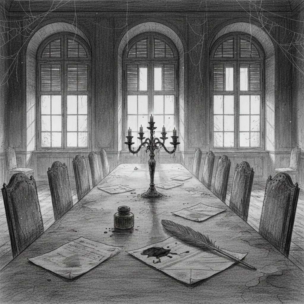 The Council of Nine's sealed last meeting chamber in the Hofburg Palace, long table set for nine in a dust-grey room, last minutes on the desk, ink pen lying wet in the fold of the page