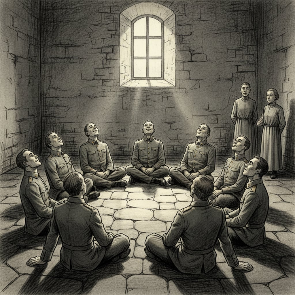 Nine soldiers seated in a ring in a stone ward room, expressions of beatific contentment, military uniforms neat, two orderlies watching with quiet unease, morning light through a high narrow window