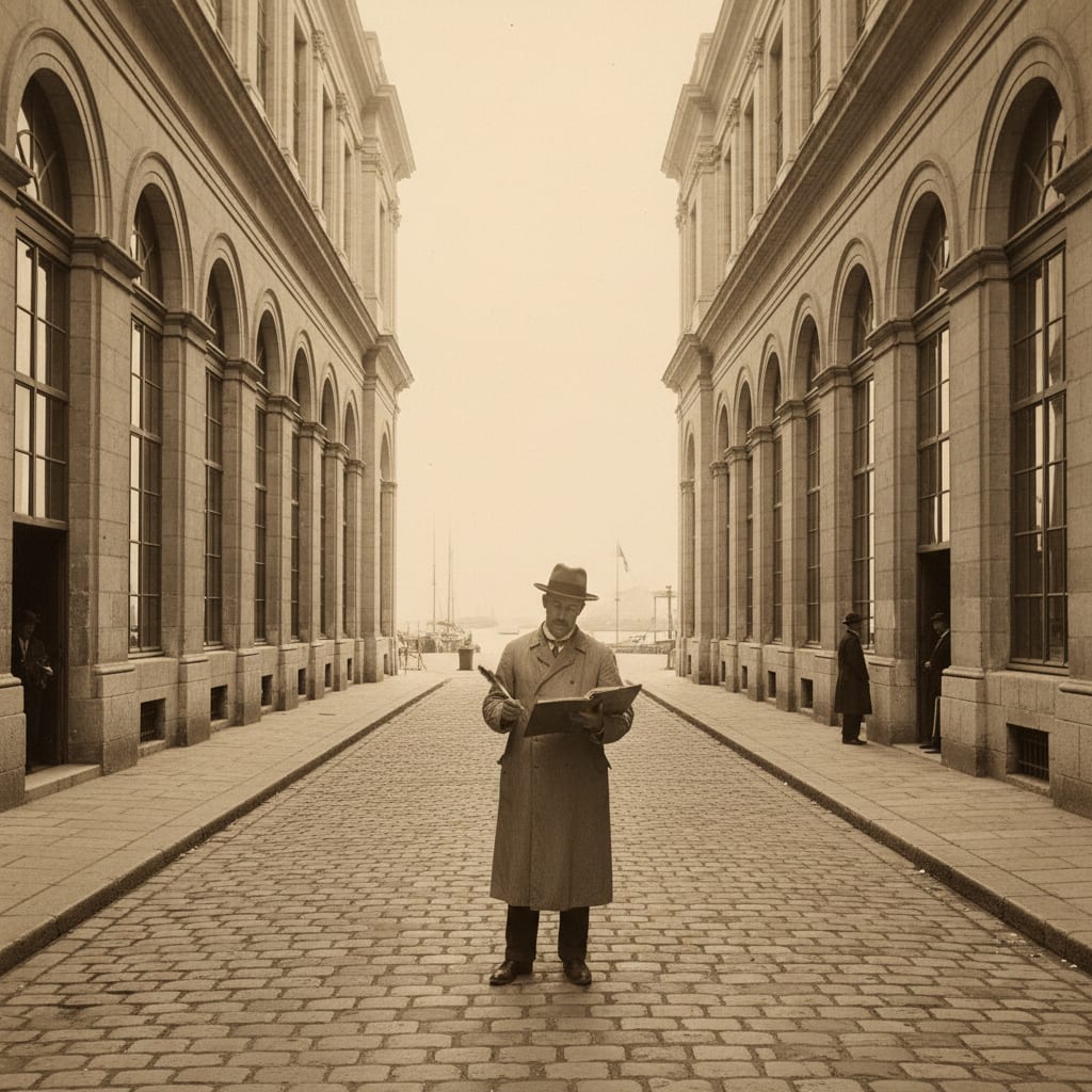 Two identical limestone Bureau offices facing each other across the Quai des Oraisons, a merchant with a manifest ledger standing between them uncertain which door to approach, Bureau clerks at arched windows above