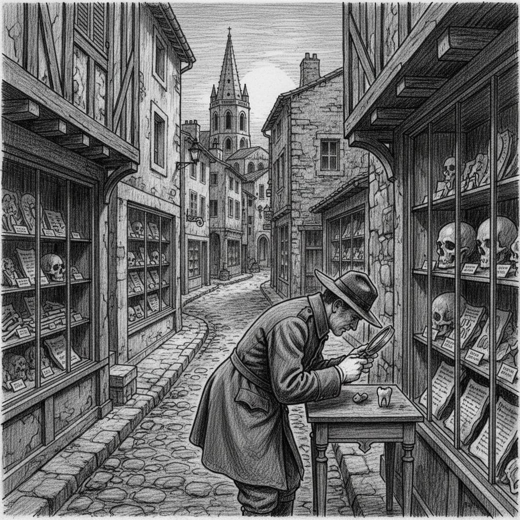 Narrow streets of the Marseille relic dealer quarter, shopfronts with glass cases of authenticated bone fragments, a white-gloved Relic Authenticator examining a tooth, the Cathedral of Saint-Victor spire above the rooftops