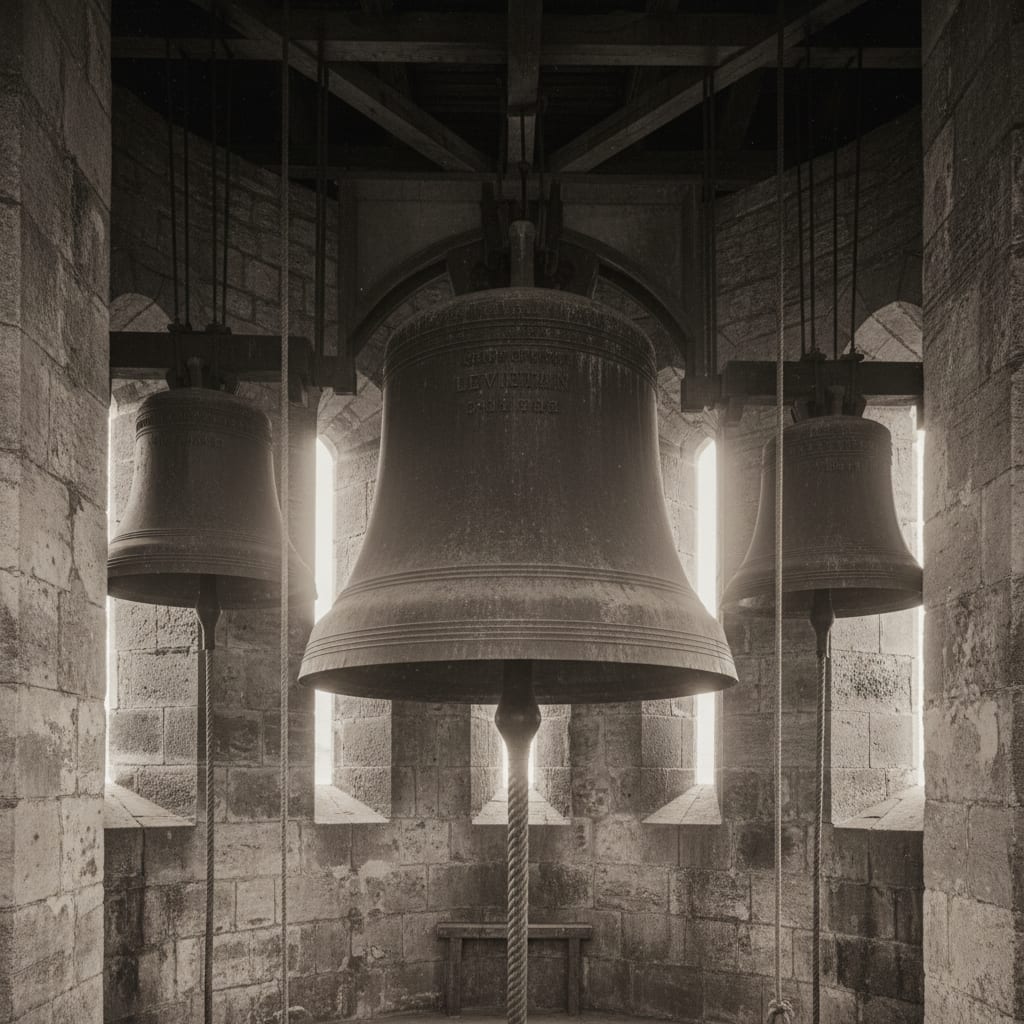 The three bells of the Tower of the Quill belfry — the vast Leviathan at centre, Fames and the unnamed Whisper flanking it, bellmen ropes hanging down, thin bars of light through stone slit-windows