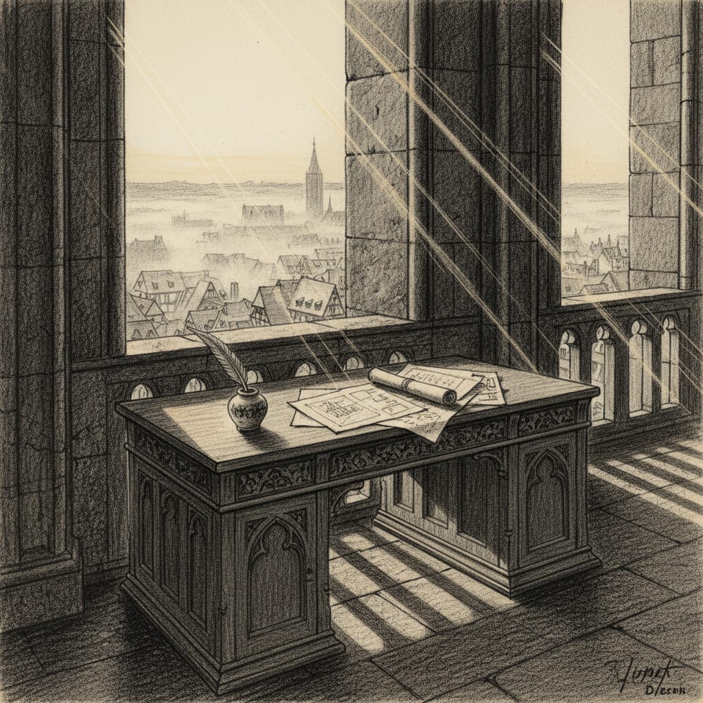 The Gallery of the Quill at dawn, a walnut writing desk against the eastern stone railing, ink-pot and documents spread on the desk, Strasbourg rooftops visible far below through the balustrade, thin golden bars of morning light crossing the floor