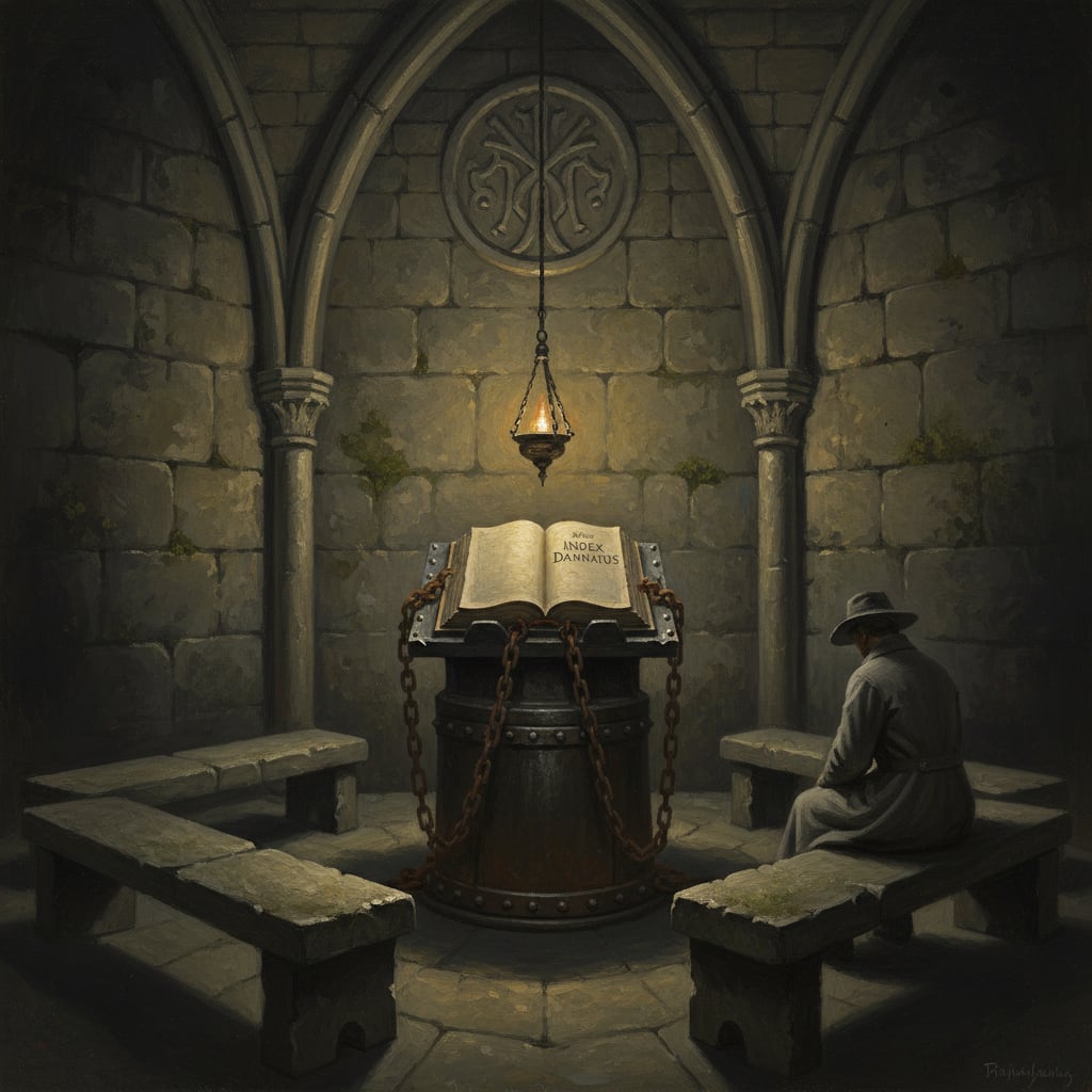 The iron lectern at the centre of the Vault of Silences, Index Damnatus chained open under consecrated lamplight, stone-ribbed vault converging on the Synod seal above, an Inquisitor on the south bench with head averted from the open page.