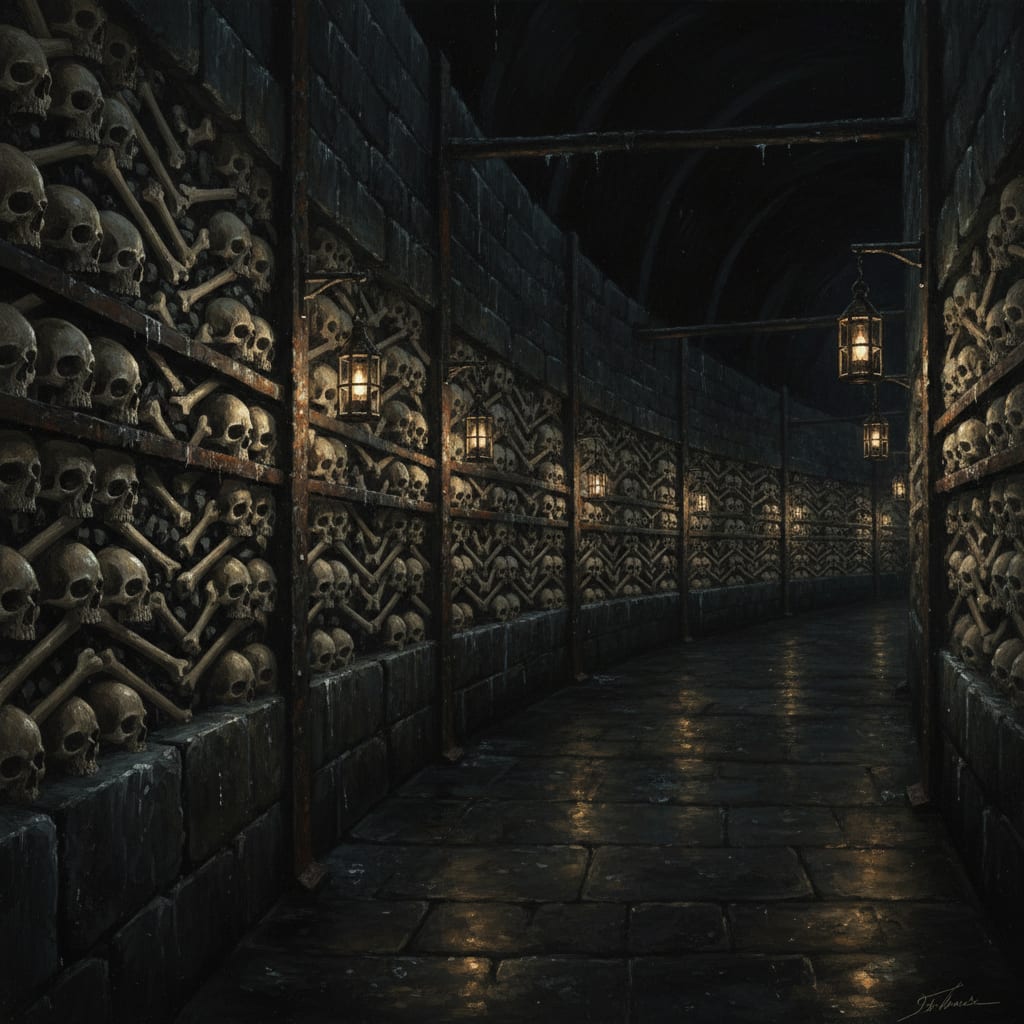 Interior of the First Ring bone-corridor at night — skulls in regulation chevron courses facing outward, long bones at forty-five degrees, tallow lanterns casting amber light on bone-lime mortar, the corridor stretching into darkness