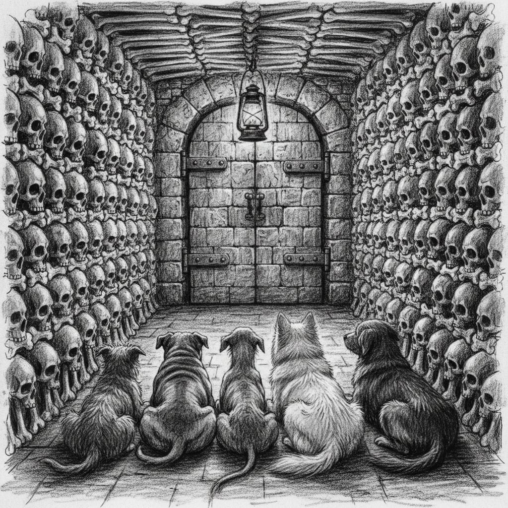 Six dogs lying in a row in a narrow Ossuary Rings corridor, all facing toward a sealed stone door, tallow lantern casting long shadows on bone-course walls, skulls in chevron courses on either side