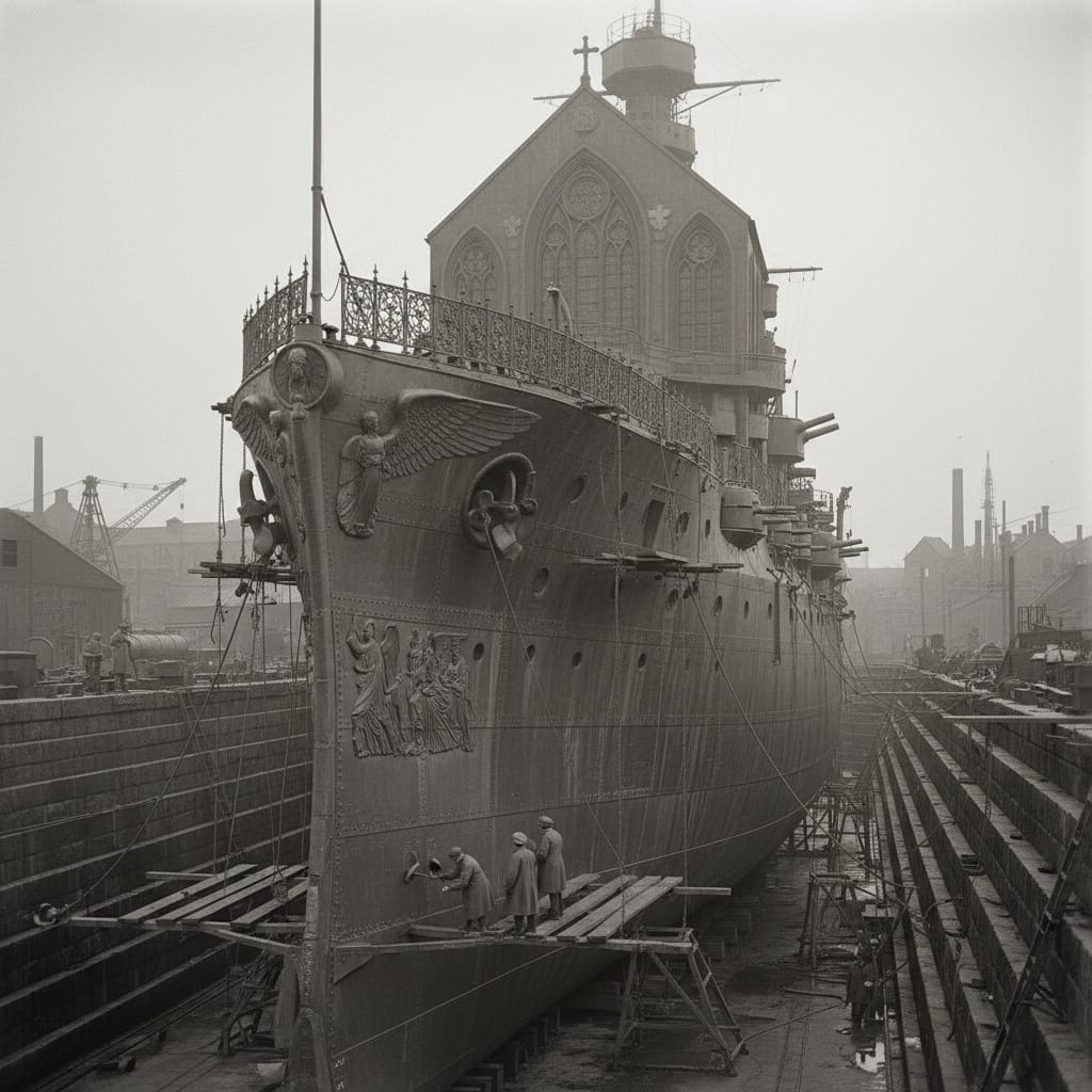 The Vigil Ark of Saint Uriel in its harbour drydock — fully assembled, motionless, scaffolding along its hull, empty sky above, artificers on quarterly maintenance below