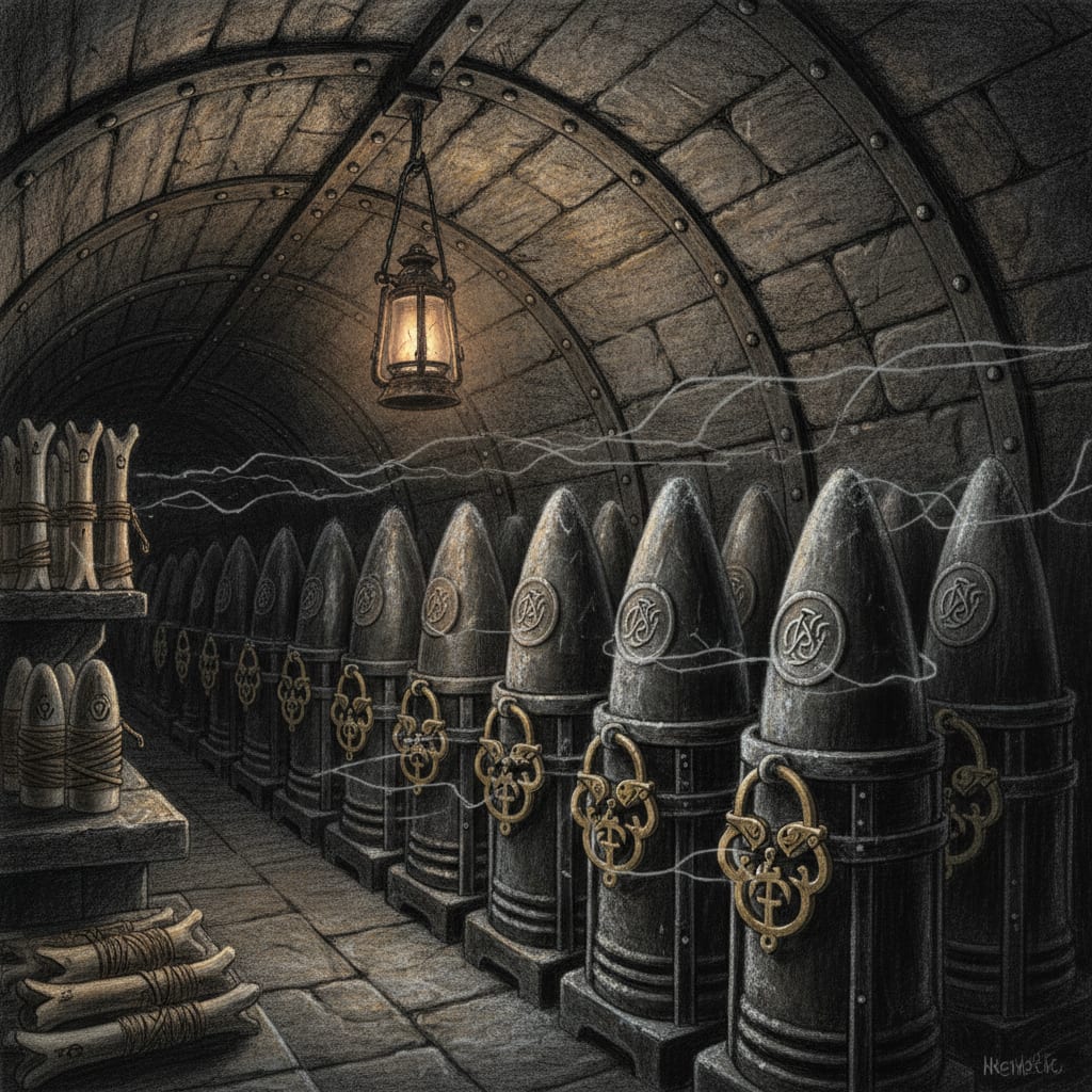 Level Four of the Shackled Flame Workshops — cold iron shells in containment racks, a single lantern casting dim light, no human figure, the sub-liturgical hum implied in the absolute stillness