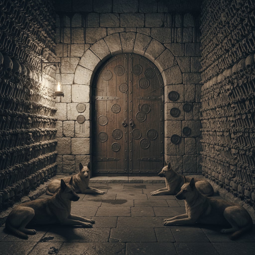The sealed archway of the Third Ossuary in the Ossuary Rings at night — Byzantine stonework, seventeen wax-seal layers on iron-bolted door, six garrison dogs in a row facing the arch with patient stillness, single tallow lantern