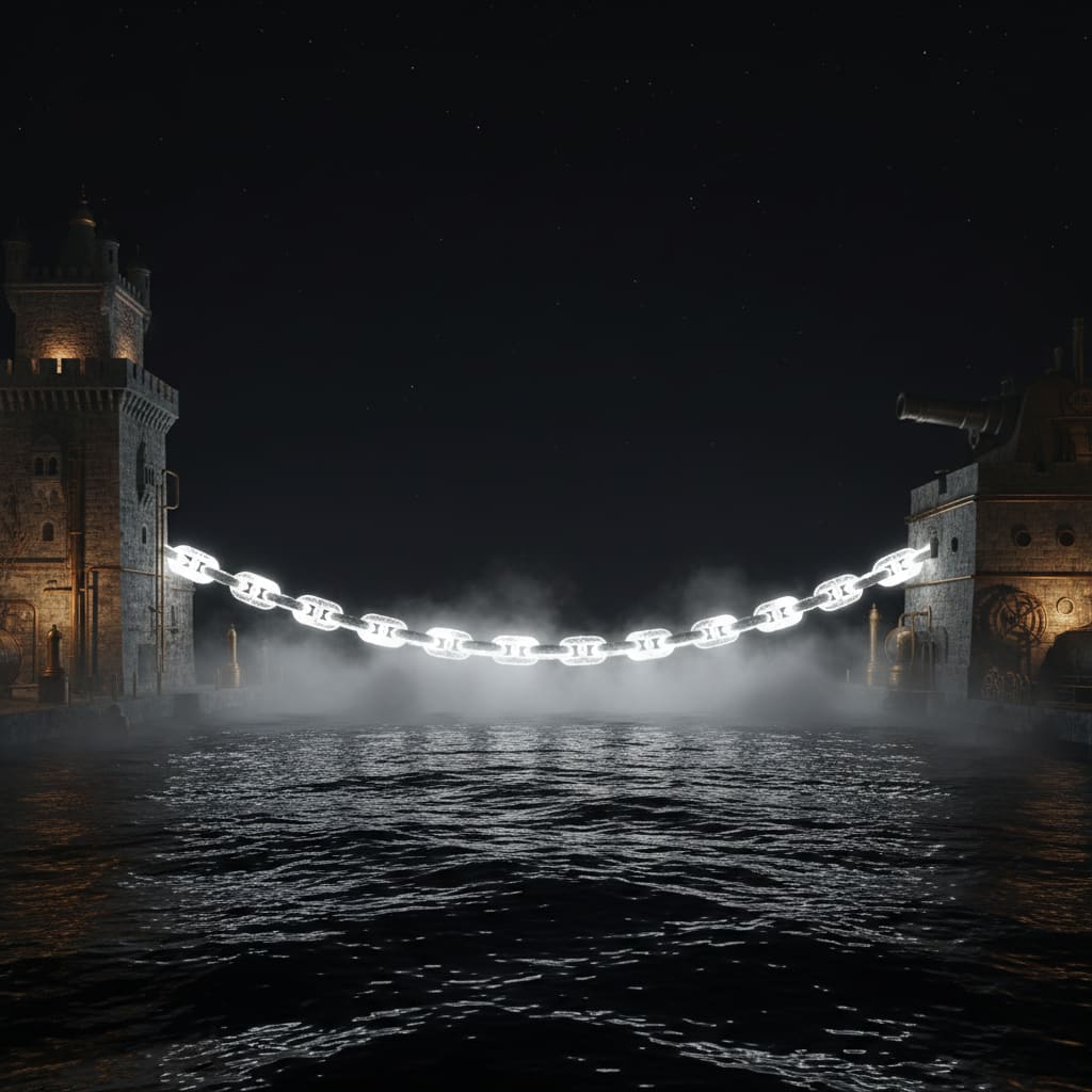 The Chain of Saint Anakletos burning white-hot across the Bosphorus at night, three hundred and forty-seven iron links blazing against black water, fog and steam rising from the strait