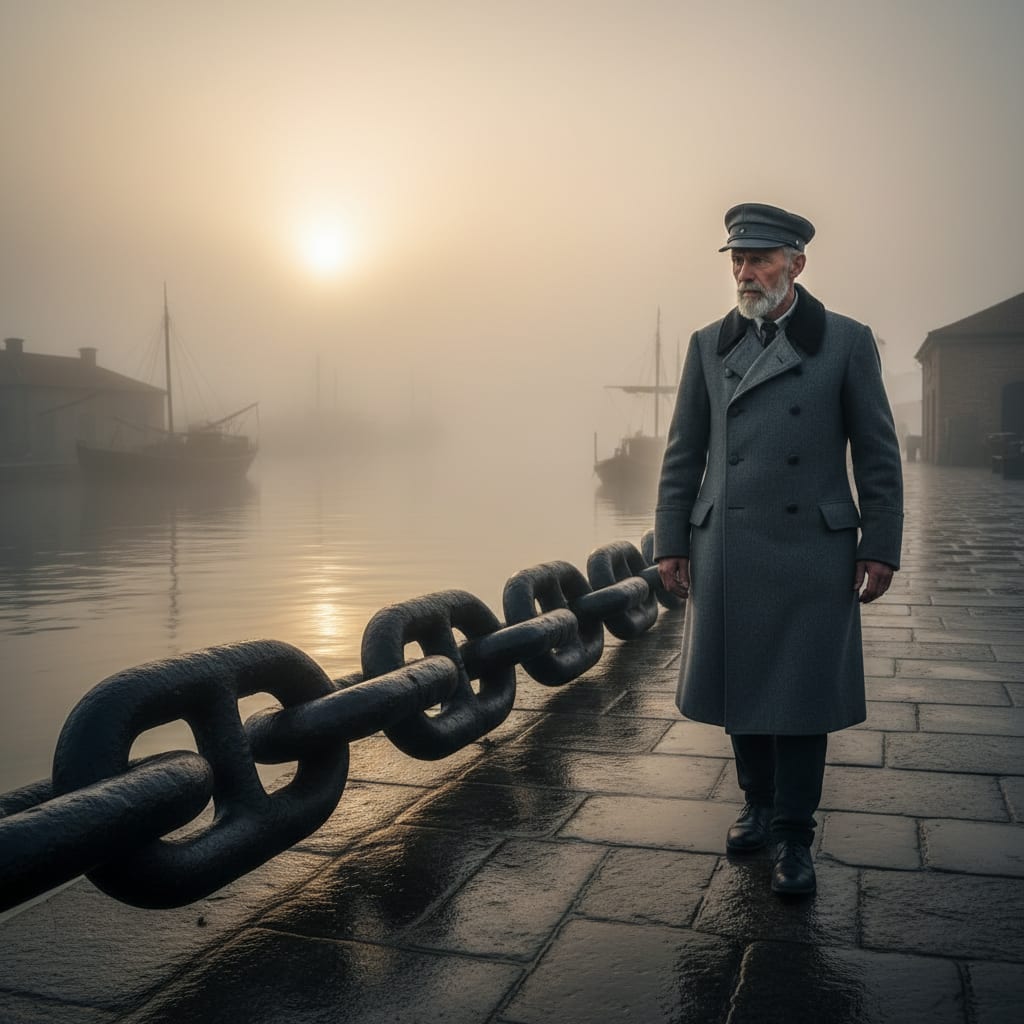 Harbormaster Joram Clee walking the fortified quay at dawn, eyes on the chain links, the Bosphorus in morning mist beside him