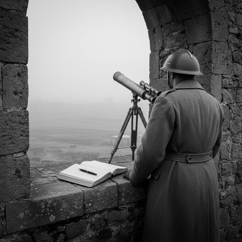 A grey-coated soldier at Observation Post Sigma-7 standing with back turned to the observation scope, log book open on the parapet, the Blightmarsh barely visible in morning fog beyond the embrasure