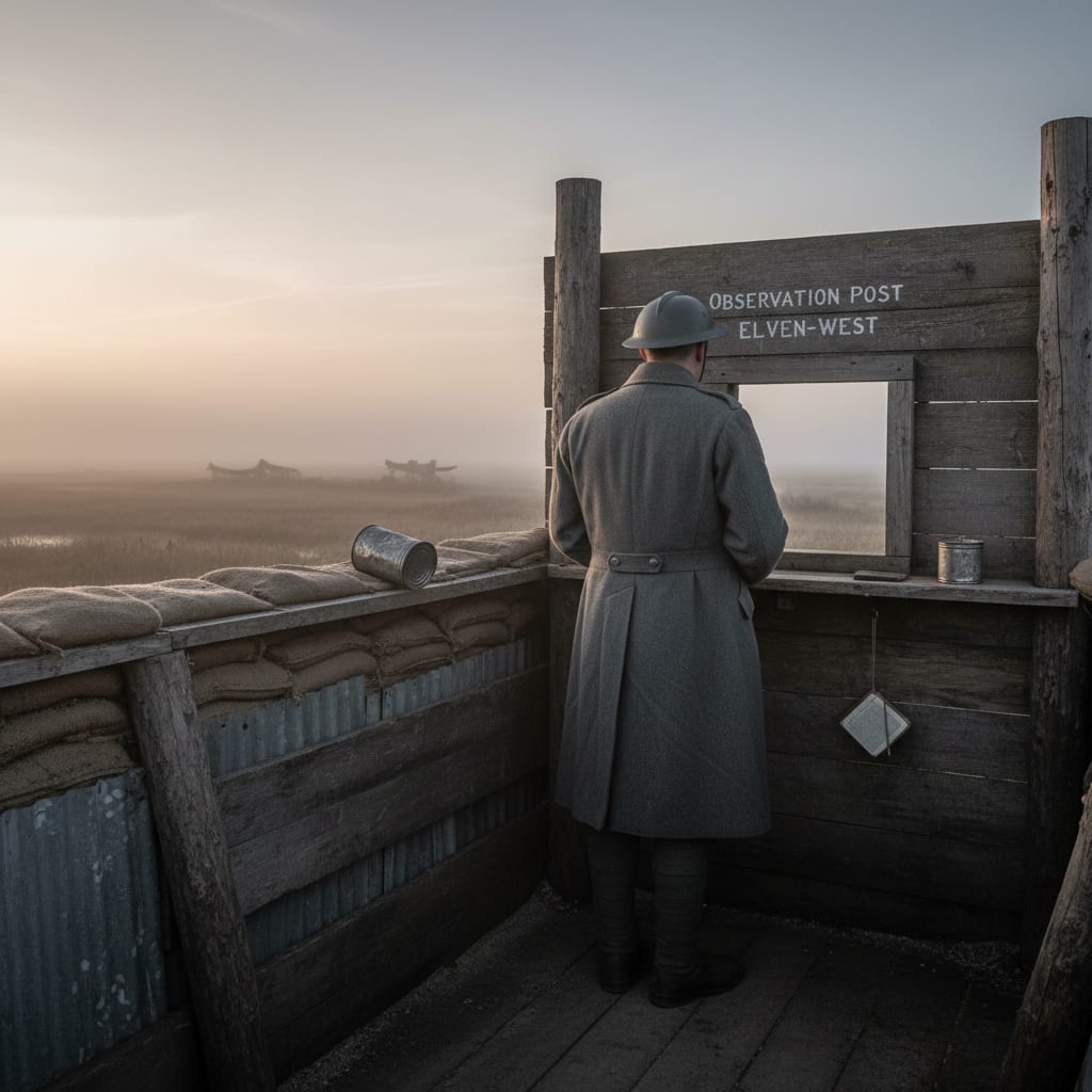 Observation Post Eleven-West sentry standing with his back rigidly turned to the eastern embrasure, empty ration tin beside him, the observation log hanging untouched, the Blightmarsh barely visible in morning mist beyond the gun-loop