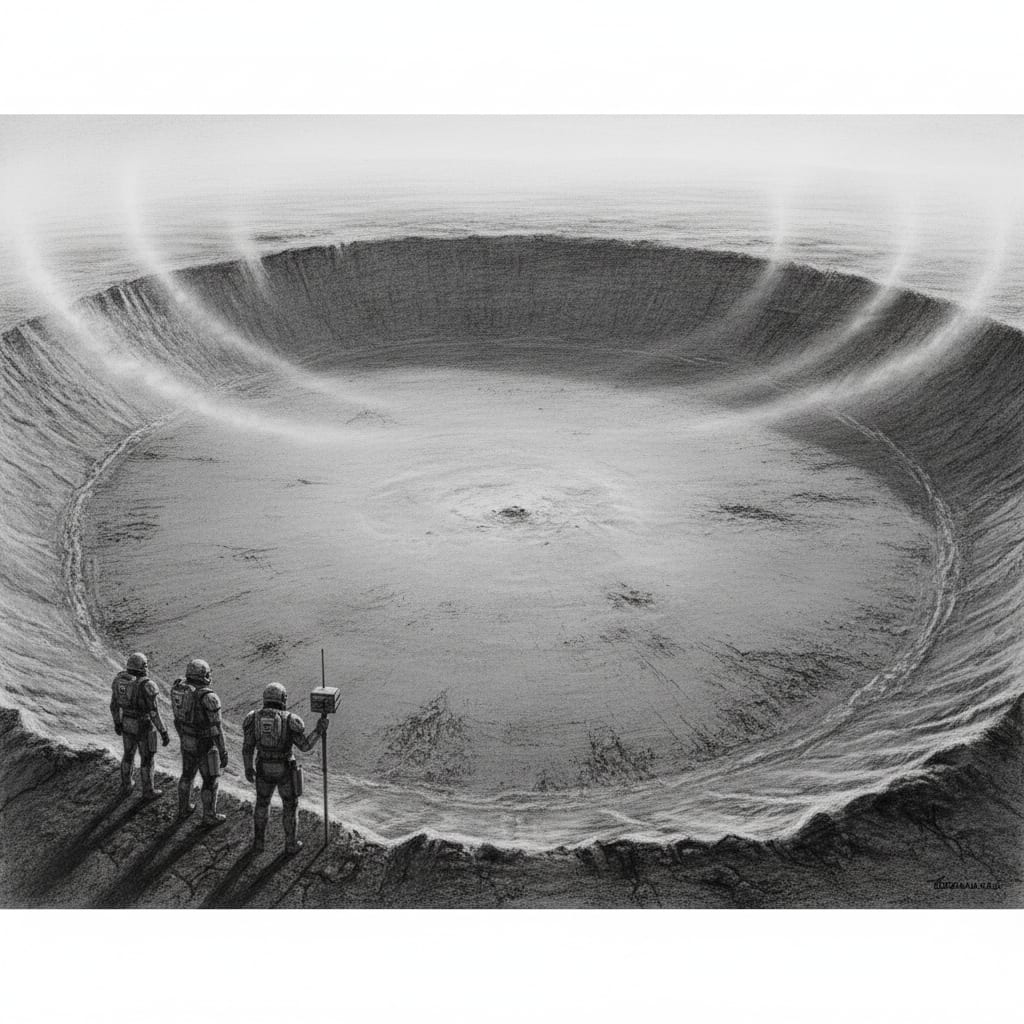 A fovea — a vast circular depression of dead grey consumed earth where a Gorged once sat, no vegetation, three Bureau of Engineering survey soldiers standing at the rim for scale, far edge lost in morning fog