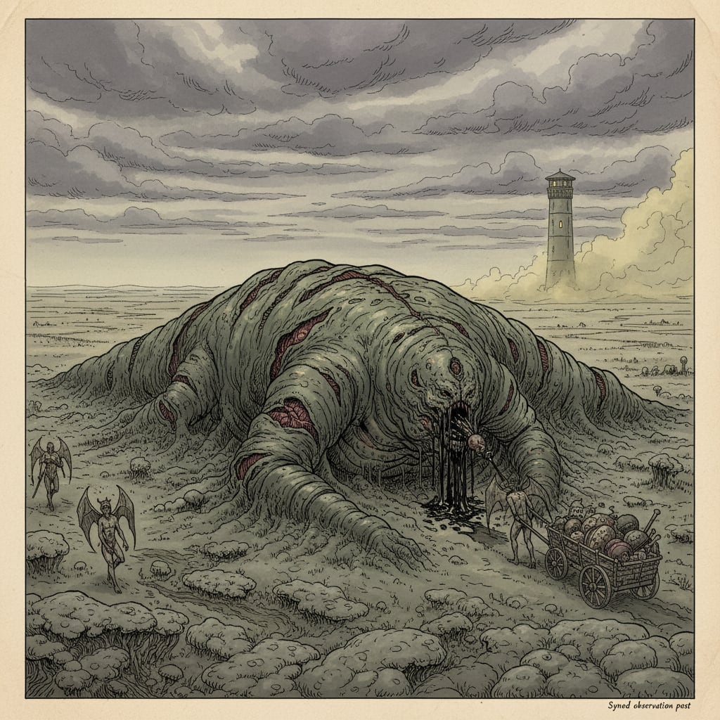 A cathedral-sized Gorged demon anchored in the Blightmarsh, body split and re-healed countless times, grey mucor-fames coating dead ground around it, lesser demons dragging offerings toward its crying mouth, distant Synod observation tower in fog