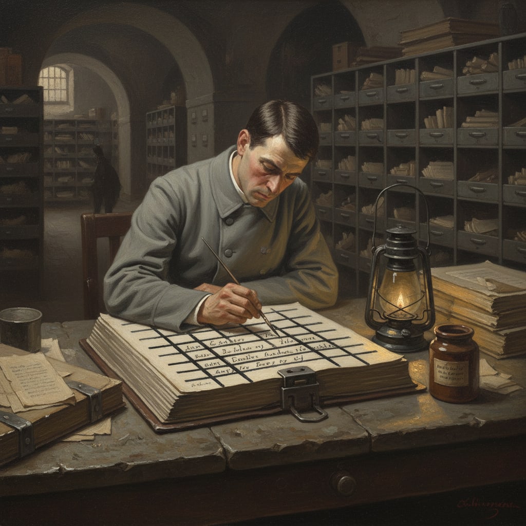 A Bureau of Records scribe drawing the Mortuary Black grid across a name-entry in the Great Ledger of Souls, fine brush crossing black lines over fading letters, bone-ash ink jar beside him, tallow lantern, iron filing cradles receding into shadow