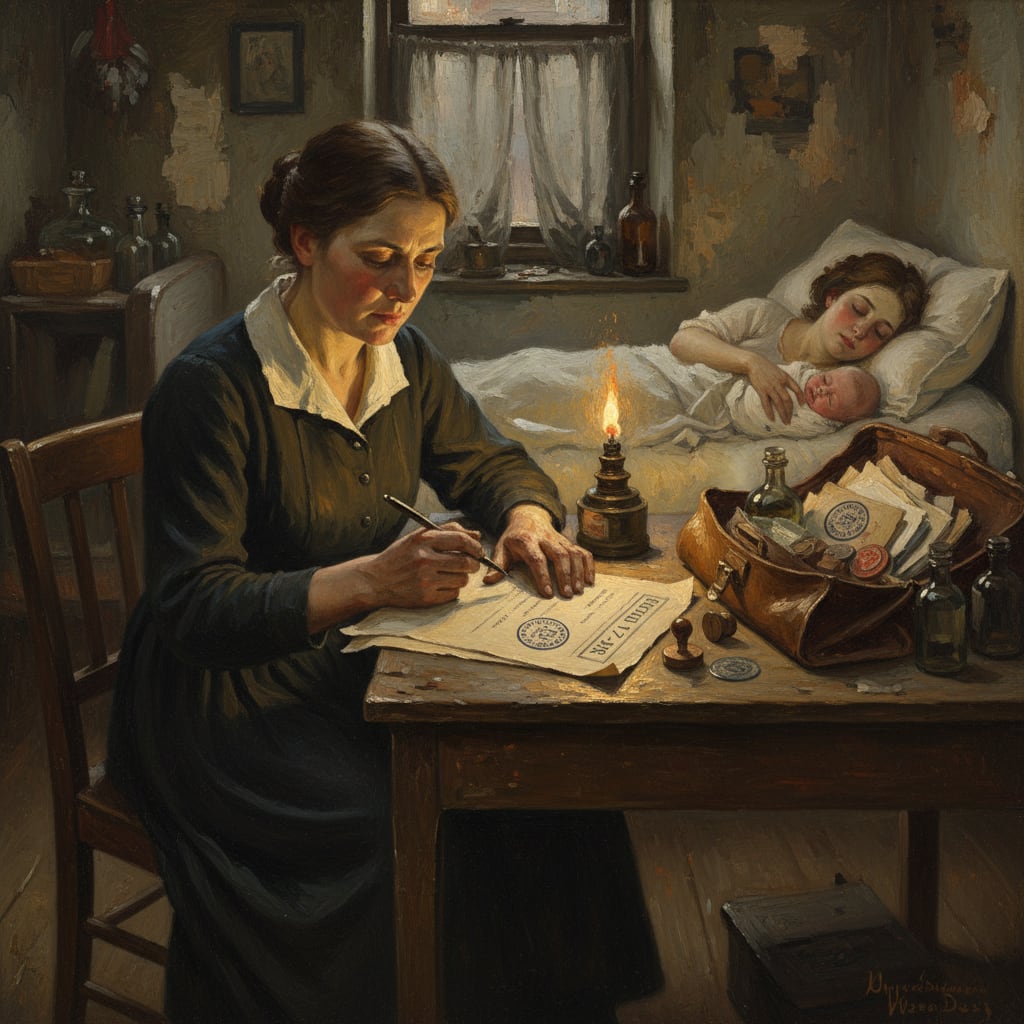 A midwife at a tenement bedside by tallow lamplight, ink-stained hands with a pen poised above Form 7-NR bearing two watermarks, leather satchel open on the chair, the exhausted mother in the background, the swaddled newborn beside her